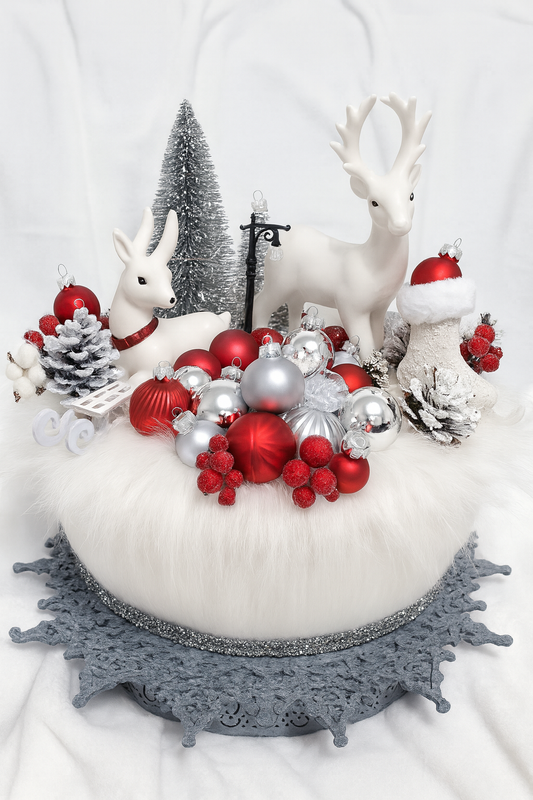 Red Velvet Winter – Aranjament de Crăciun în Tonuri de Roșu Regal si Alb de Matase