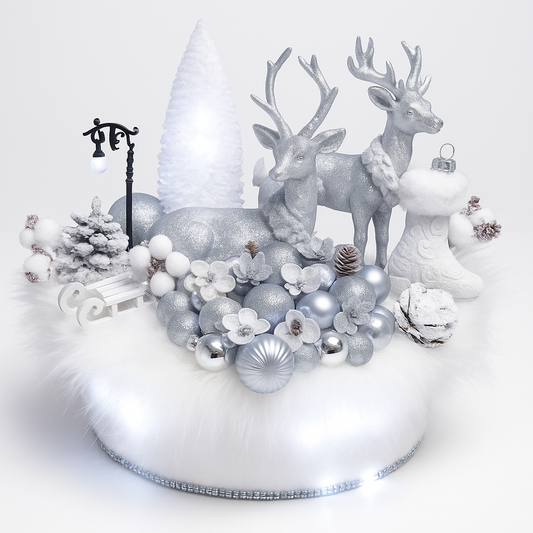 Winter Serenity – Aranjament Crăciun Elegant cu Cerbi Argintii, Brad Înzăpezit și Elemente Alb-Argintiu