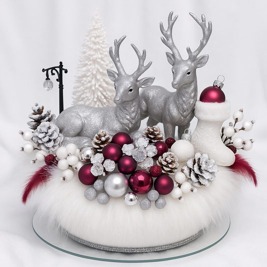 Velvet Berries - Aranjament de Crăciun cu Cerbi Argintii, Globuri Vișinii și Accente Înghețate