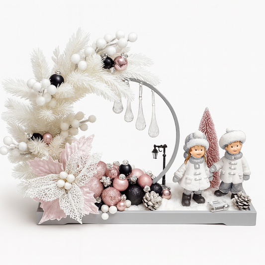 Blush Frost – Aranjament Crăciun cu Figurine, Accente Roz Prafuit și Negru Elegant