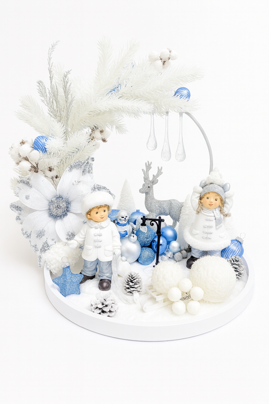 Polar Star Symphony – Aranjament de Crăciun Elegant în Tonuri de Albastru Glaciar, Alb Nins și Argint Strălucitor