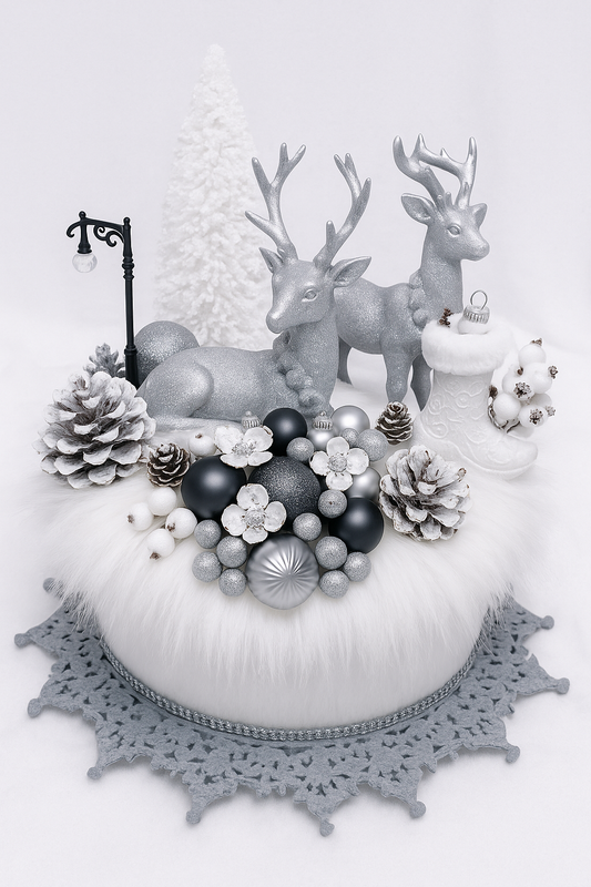 Winter Eclipse – Aranjament Premium cu Cerbi Argintii, Globuri Gri Carbune și Accente Înghețate