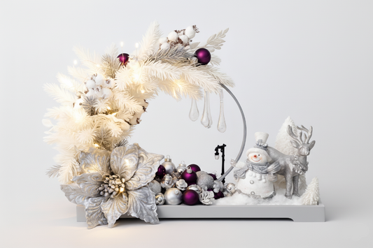 Frosted Joy – Aranjament Crăciun cu Om de Zăpadă, Ren și Globuri Mov-Argintiu