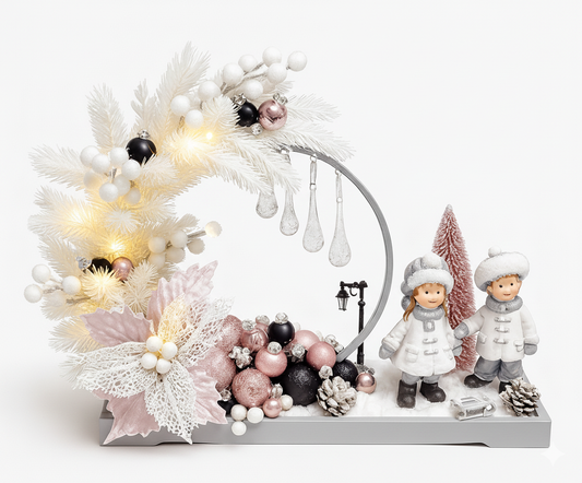 Blush Frost – Aranjament Crăciun cu Figurine, Accente Roz Prafuit și Negru Elegant