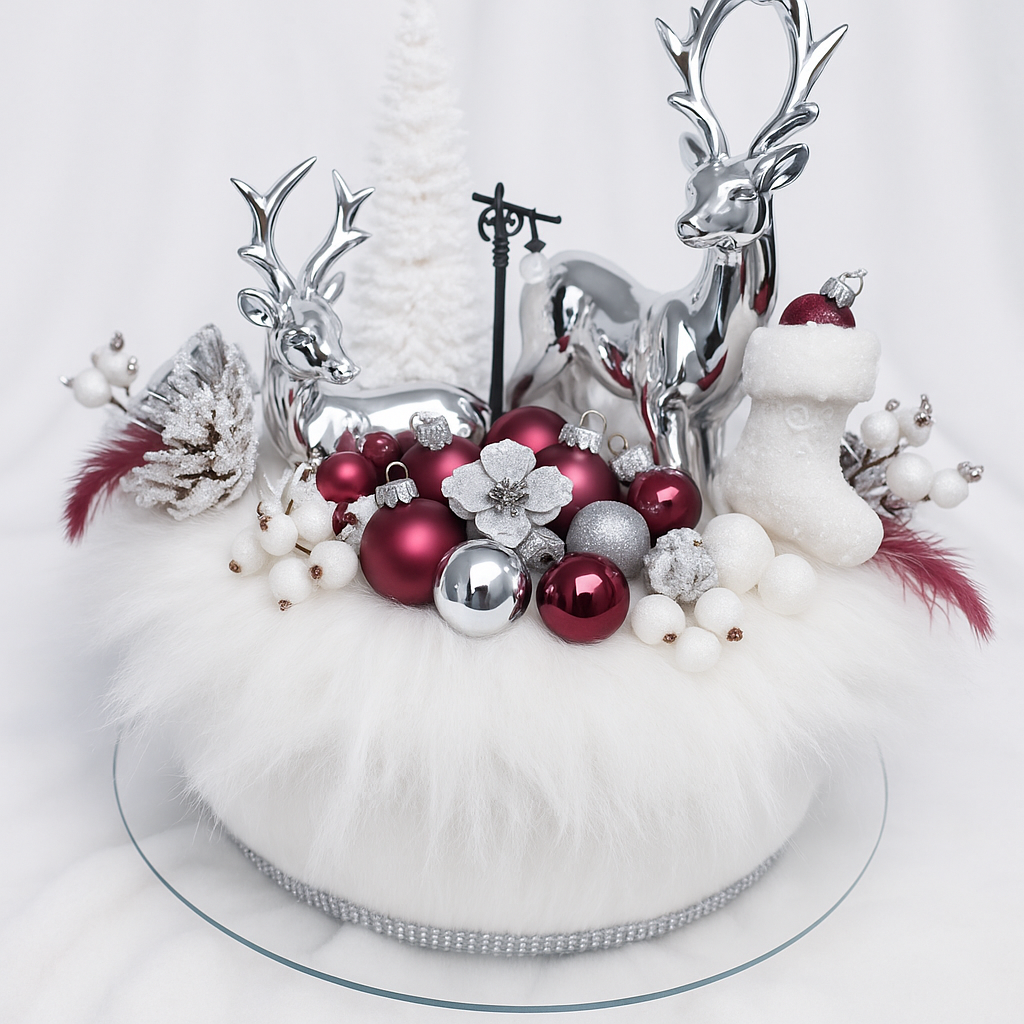 Crimson Reflections – Aranjament Elegant de Crăciun cu Cerbi Crom și Accente Roșu Vișiniu-Argintiu